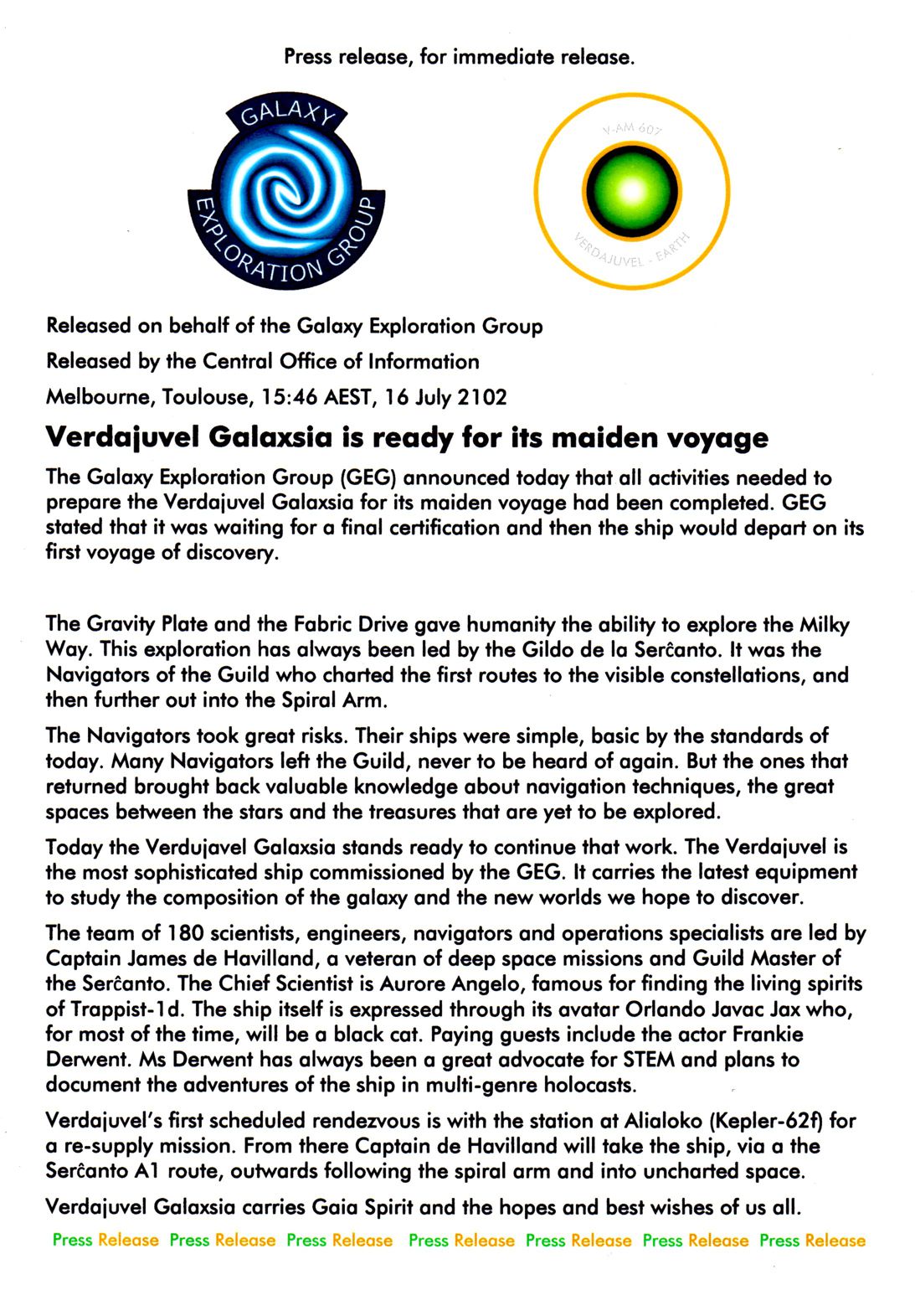 Press release from the Verdajuvel's first voyage